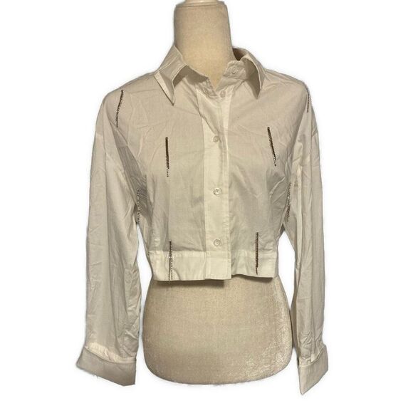 Zarina Tops - zarina style white long sleeve crop button down silver fringe 42 Medium